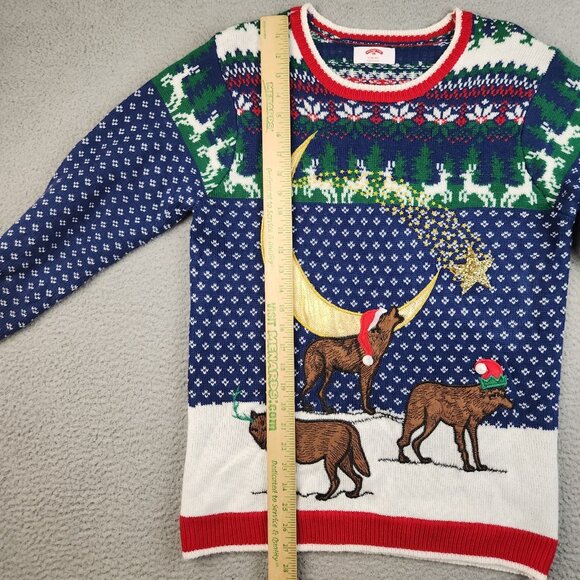 Holiday Time Ugly Christmas Sweater Unisex Medium AOP Howling Wolf Moon Winter - Picture 6 of 12